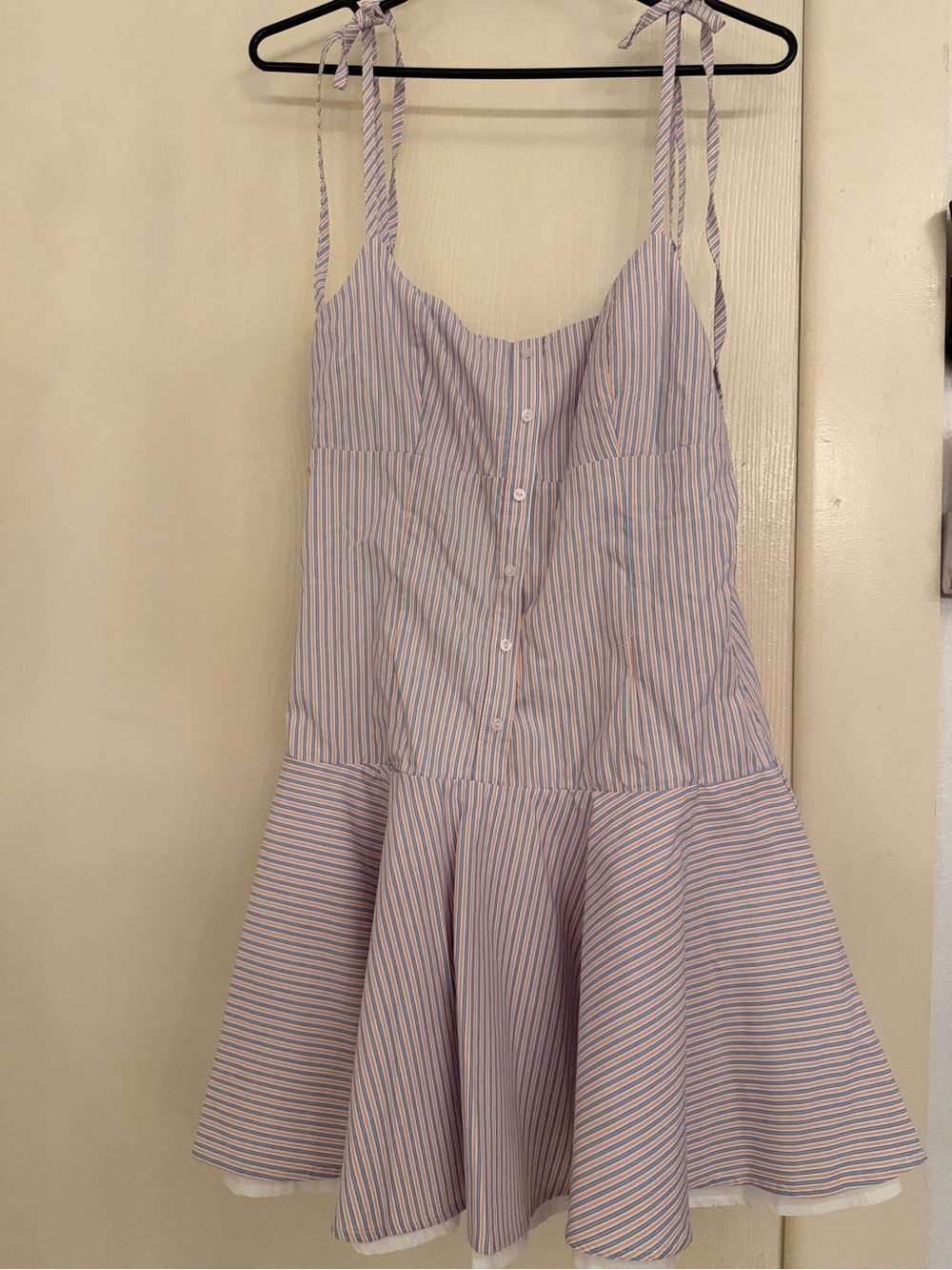 Striped Tie-Shoulder Mini Dress in Pale Blue and White BNWT - Picture 2 of 4
